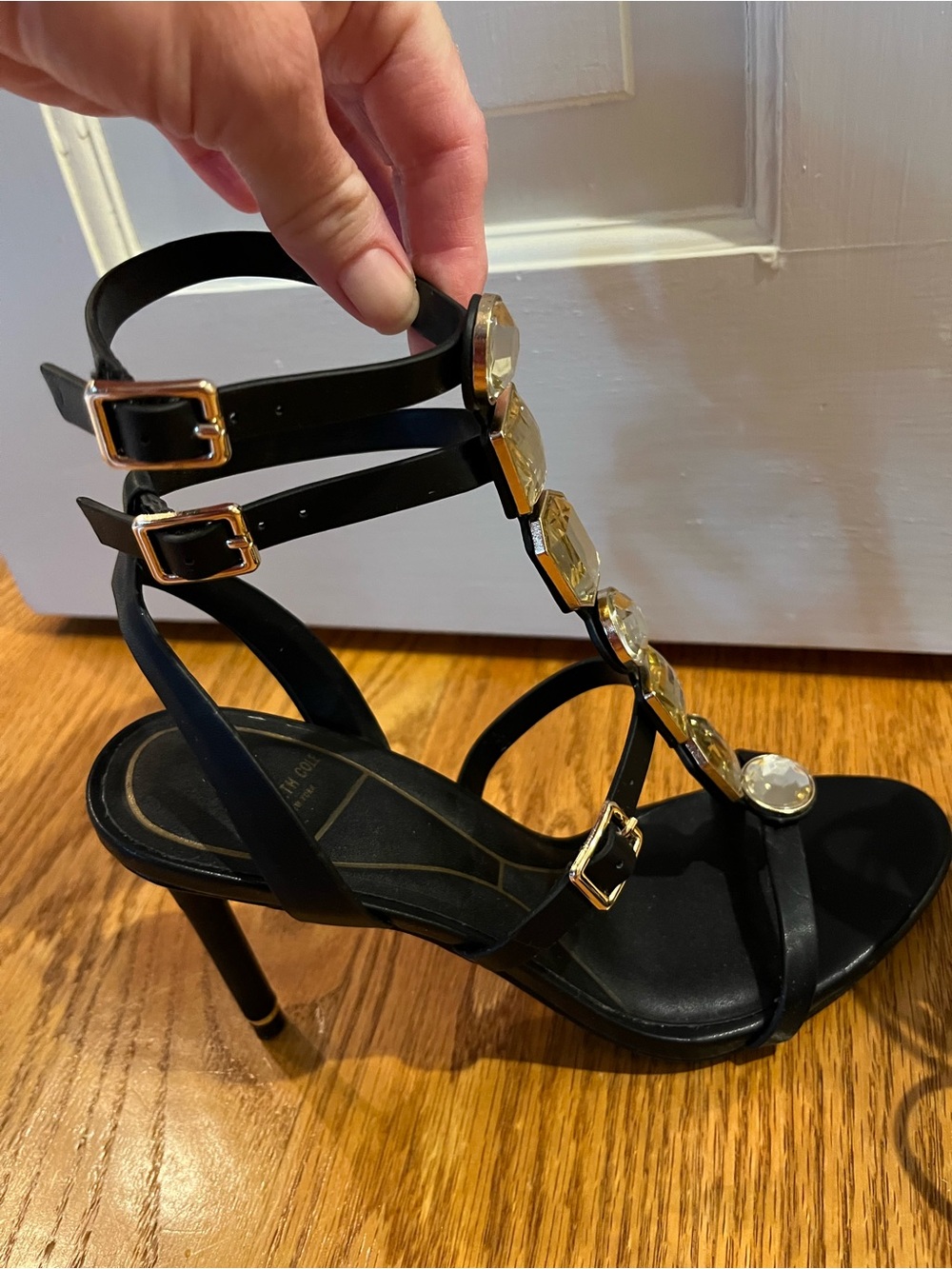 Kenneth Cole Women’s Black Embellished T-Strap High Heel Sandals